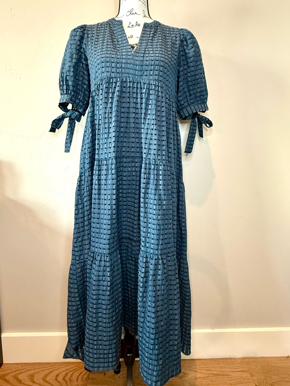 English Factory Navy Blue Gingham Tiered Midi Dress Size Small